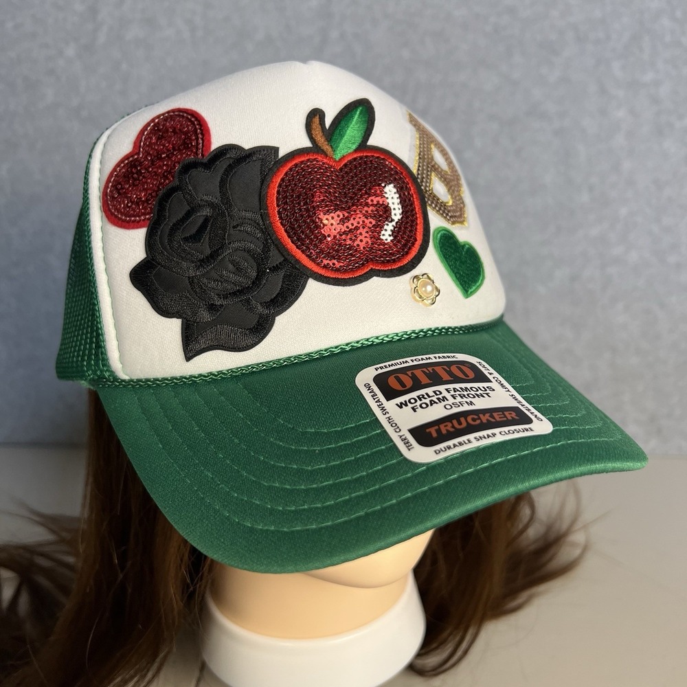 Green Trucker Hat – Sequin Patch Apple,‎ Heart, Rose, B Letter – Otto Brand Mesh